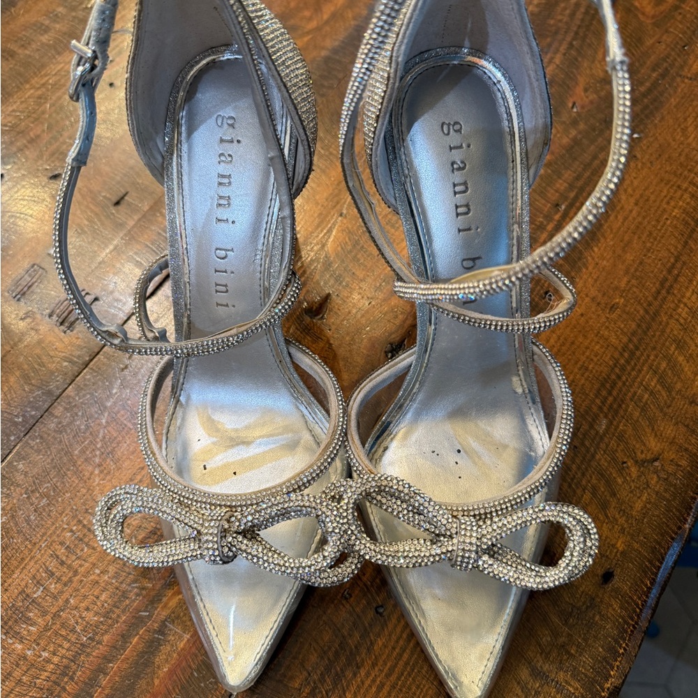 Gianni Bini Silver Crystal Strappy Pointed-Toe Heels - Picture 2 of 8